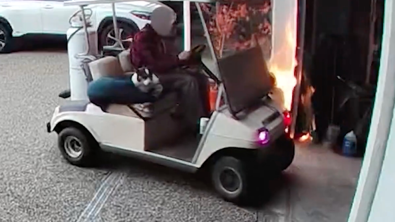 Man Arrested After Torching Stranger’s Garage With Homemade Flamethrower and Dog on Golf Cart