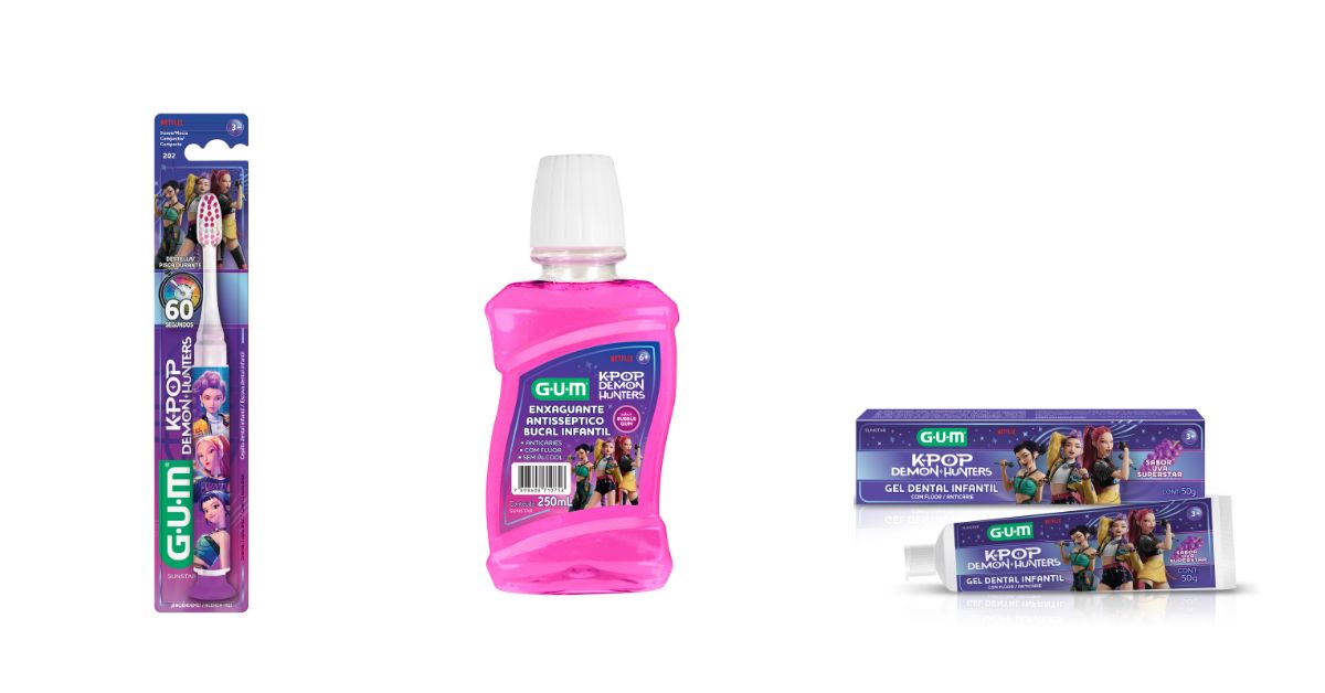 GUM lança linha de higiene bucal infantil Guerreiras do K-pop com escova com LED e gel de uva